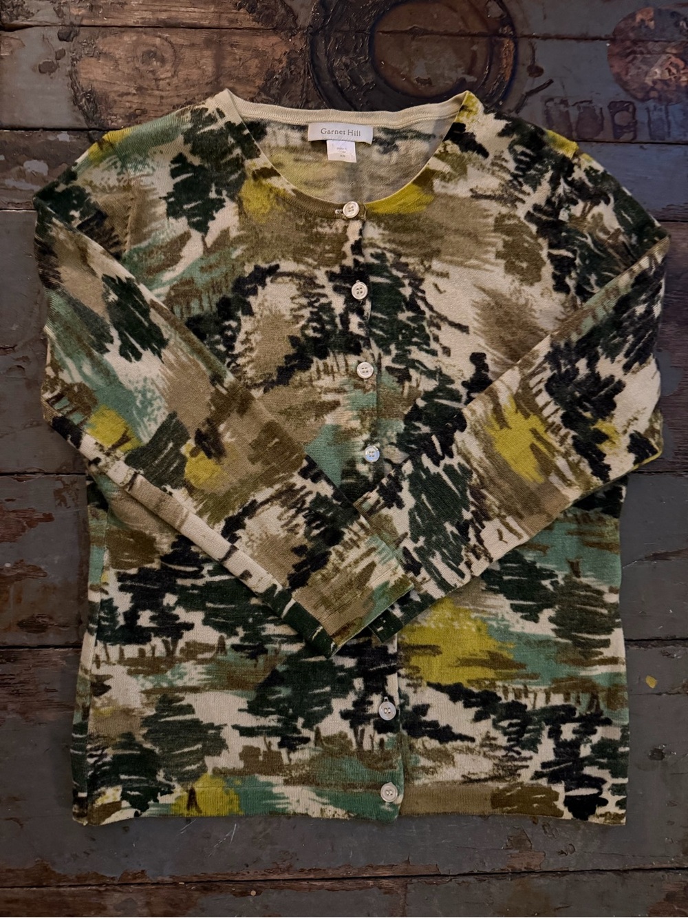 Garnet Hill Green Multi-Pattern Camo Merino Wool Button Down Cardigan